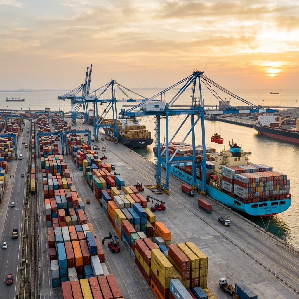 Container ship loaded with chemical export cargo at Indian port for camphor and chemical exports