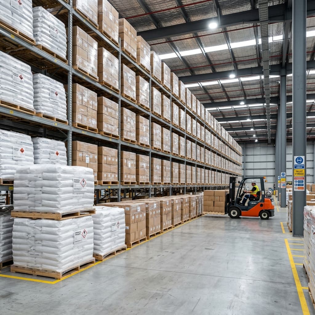 Business professionals conducting supplier factory audit at chemical manufacturing facility